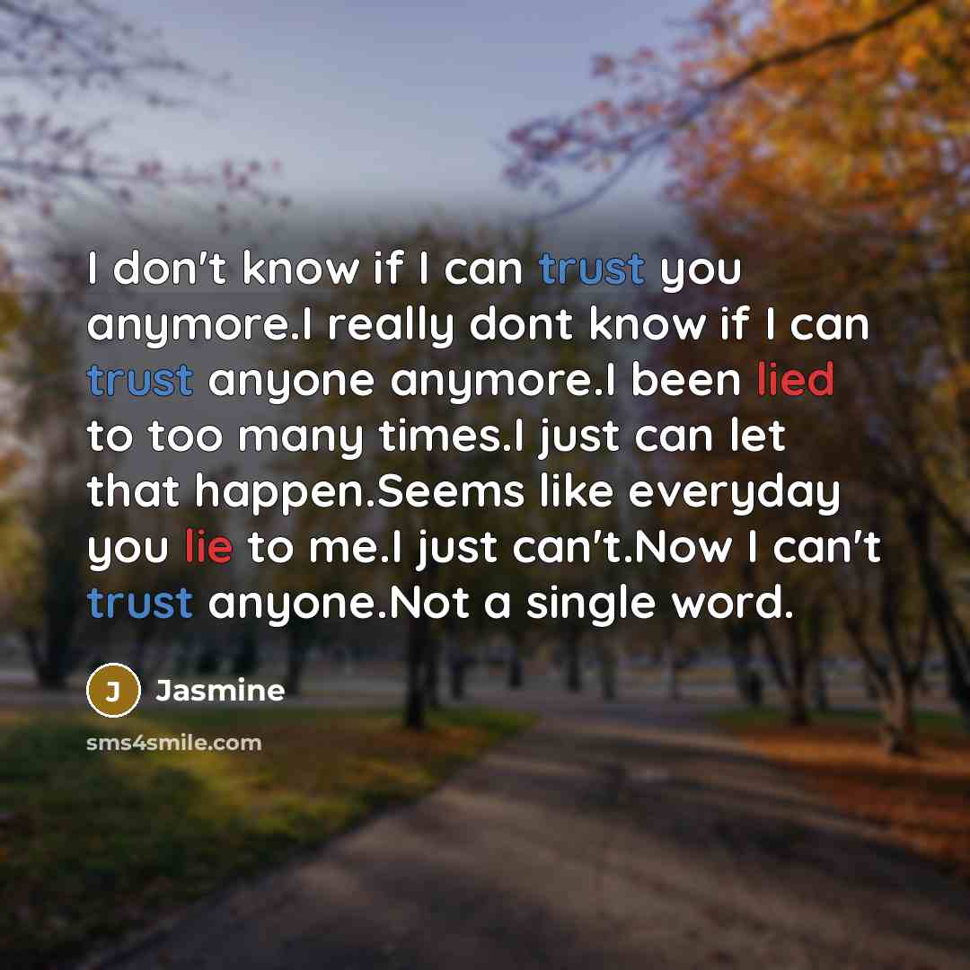 “I don't know if I can trust you anymore.I really dont know if I can trust anyone anymore.I been lied to too many times.I just can let that happen.Seems like everyday you lie to me.I just can't.Now I can't trust anyone.Not a single word.” quote by Jasmine