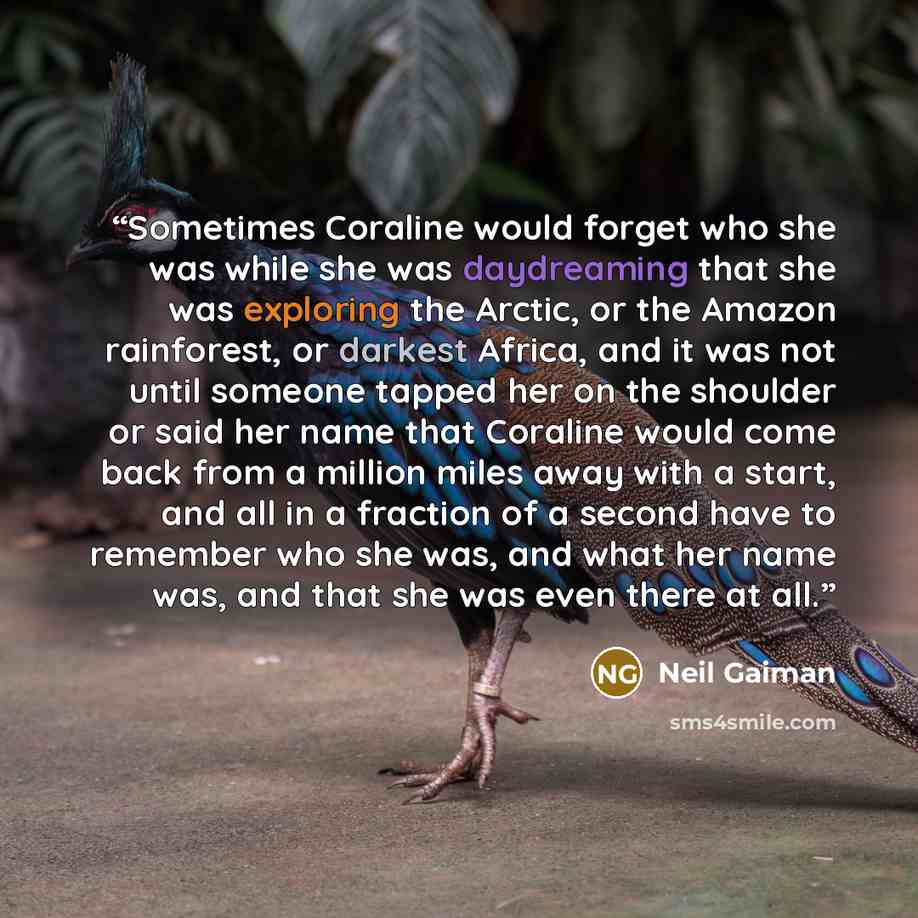 “Sometimes Coraline would forget who she was while she was daydreaming that she was exploring the Arctic, or the Amazon rainforest, or darkest Africa, and it was not until someone tapped her on the shoulder or said her name that Coraline would come back from a million miles away with a start, and…” quote by Neil Gaiman