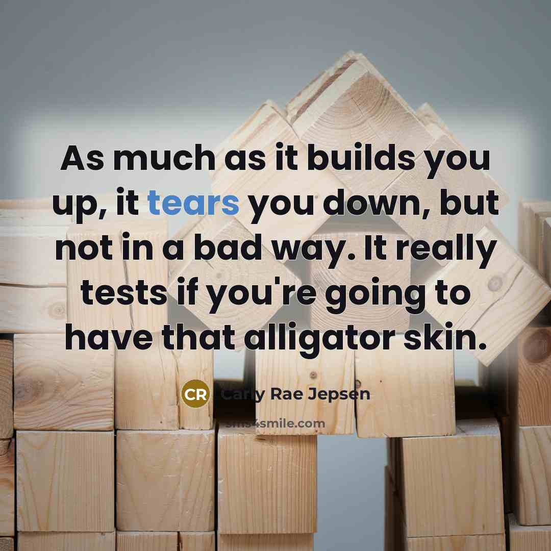 “As much as it builds you up, it tears you down, but not in a bad way. It really tests if you're going to have that alligator skin.” quote by Carly Rae Jepsen