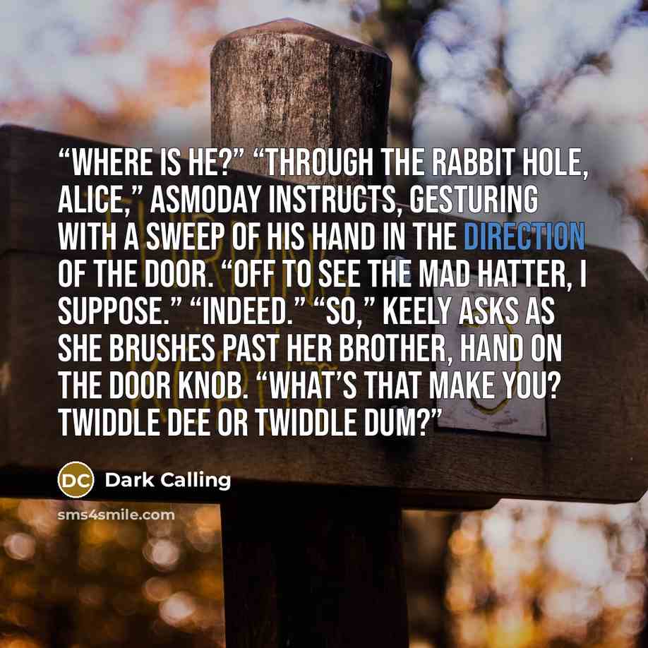 “Where is he?” “Through the rabbit hole, Alice,” Asmoday instructs, gesturing with a sweep of his hand in the direction of the door. “Off to see the Mad Hatter, I suppose.” “Indeed.” “So,” Keely asks as she brushes past her brother, hand on the door knob. “What’s that make you? Twiddle Dee or…” quote by Dark Calling