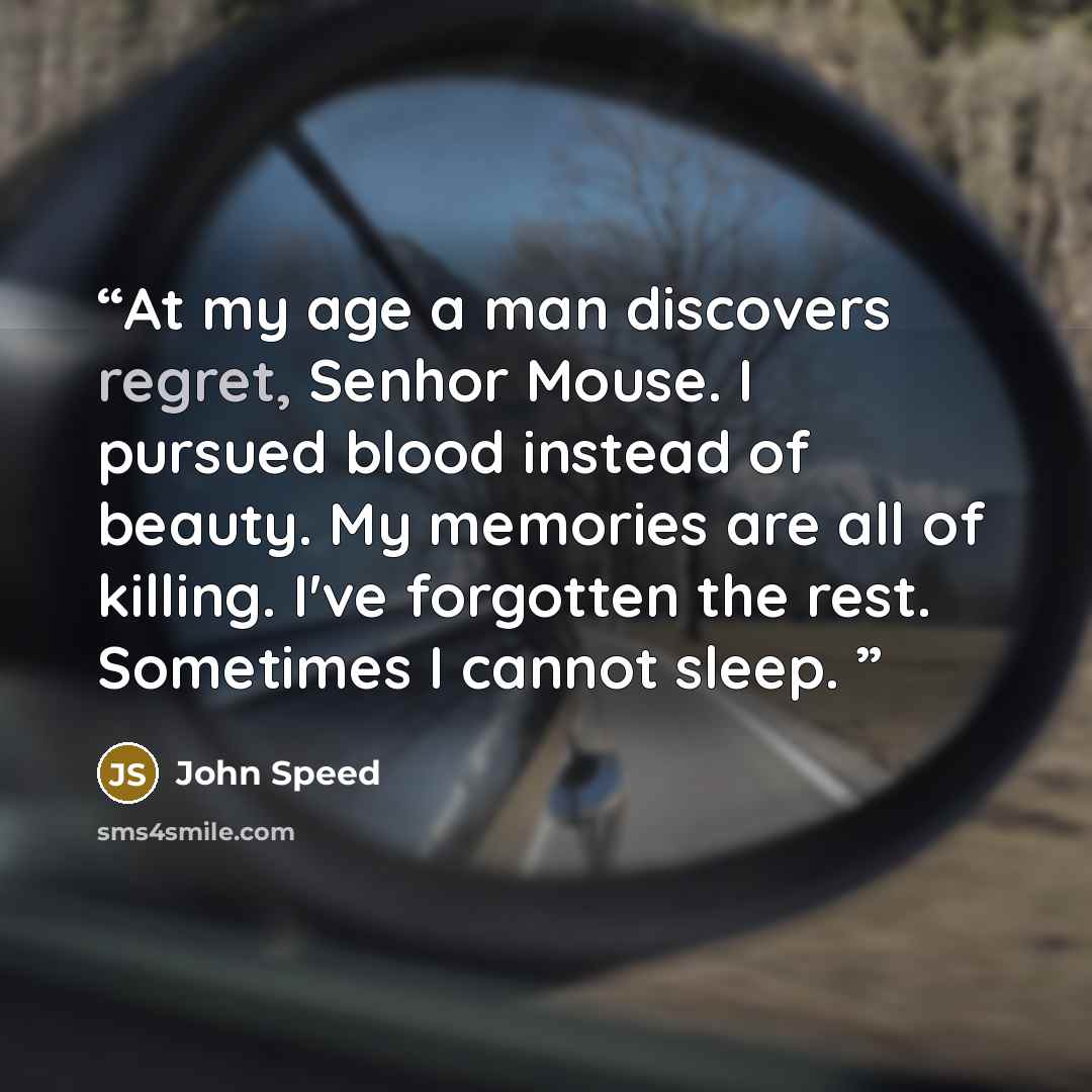 “At my age a man discovers regret, Senhor Mouse. I pursued blood instead of beauty. My memories are all of killing. I've forgotten the rest. Sometimes I cannot sleep.” quote by John Speed