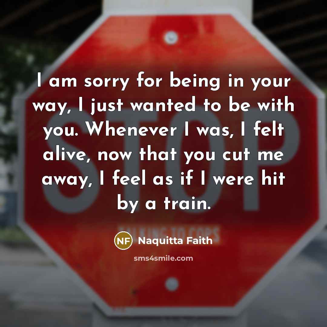“I am sorry for being in your way, I just wanted to be with you. Whenever I was, I felt alive, now that you cut me away, I feel as if I were hit by a train.” quote by Naquitta Faith
