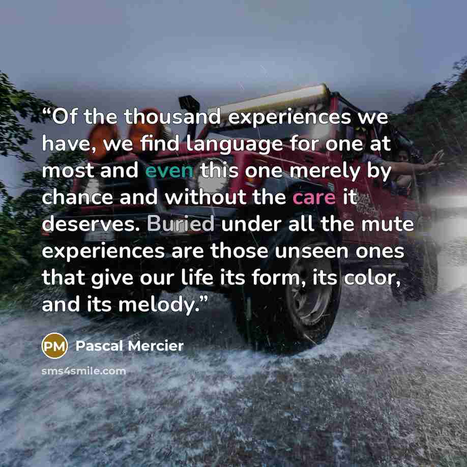 “Of the thousand experiences we have, we find language for one at most and even this one merely by chance and without the care it deserves. Buried under all the mute experiences are those unseen ones that give our life its form, its color, and its melody.” quote by Pascal Mercier