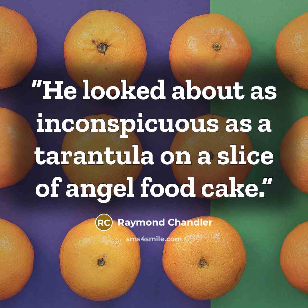 “He looked about as inconspicuous as a tarantula on a slice of angel food cake.” quote by Raymond Chandler
