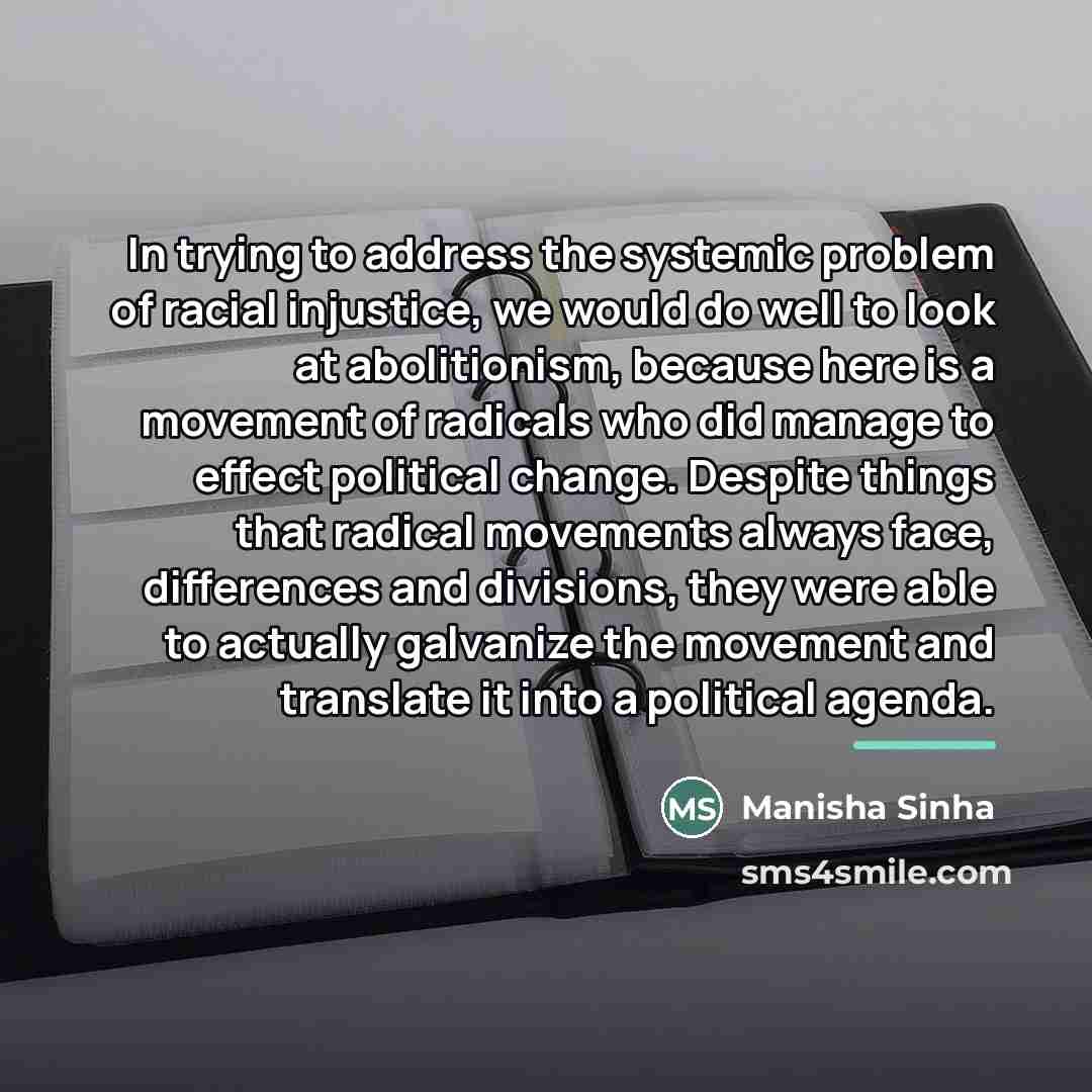 “In trying to address the systemic problem of racial injustice,…” quote by Manisha Sinha