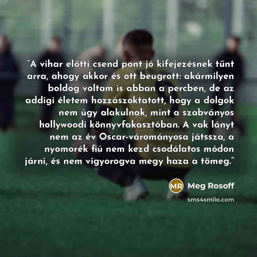 “A vihar előtti csend pont jó kifejezésnek tűnt arra, ahogy akkor és ott beugrott: akármilyen boldog voltam is abban a percben, de az addigi életem hozzászoktatott, hogy a dolgok nem úgy alakulnak, mint a szabványos hollywoodi könnyvfakasztóban. A vak lányt nem az év Oscar-várományosa játssza, a…” quote by Meg Rosoff