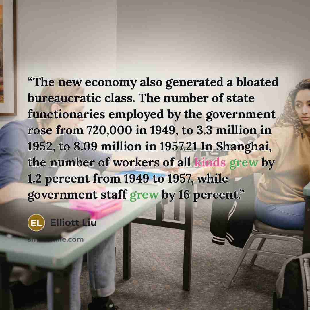 “The new economy also generated a bloated bureaucratic class. The number of state functionaries employed by the government rose from 720,000 in 1949, to 3.3 million in 1952, to 8.09 million in 1957.21 In Shanghai, the number of workers of all kinds grew by 1.2 percent from 1949 to 1957, while…” quote by Elliott Liu