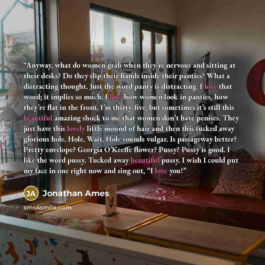 “Anyway, what do women grab when they’re nervous and sitting at their desks? Do they slip their hands inside their panties? What a distracting thought. Just the word panty is distracting. I love that word; it implies so much. I love how women look in panties, how they’re flat in the front. I’m…” quote by Jonathan Ames