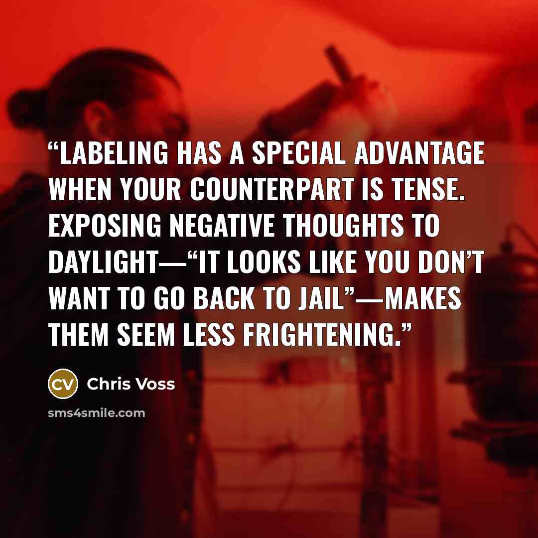 “Labeling has a special advantage when your counterpart is tense. Exposing negative thoughts to daylight—“It looks like you don’t want to go back to jail”—makes them seem less frightening.” quote by Chris Voss