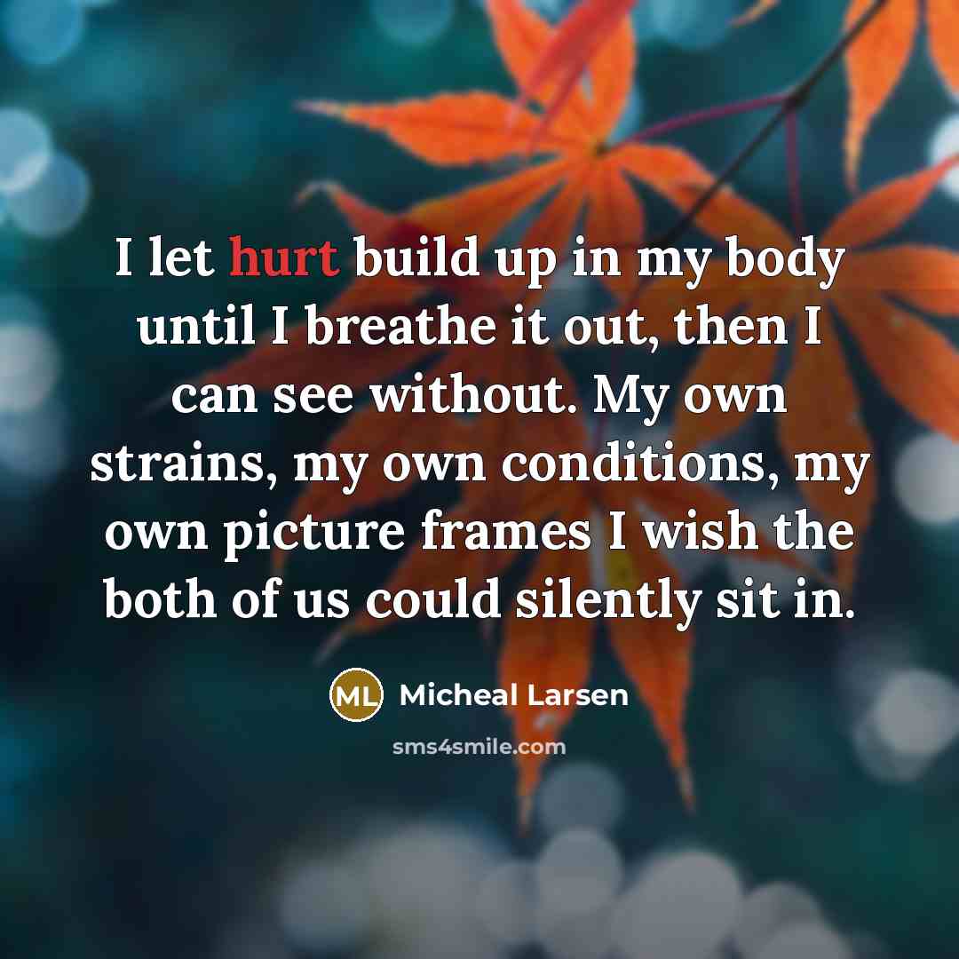 “I let hurt build up in my body until I breathe it out, then I can see without. My own strains, my own conditions, my own picture frames I wish the both of us could silently sit in.” quote by Micheal Larsen