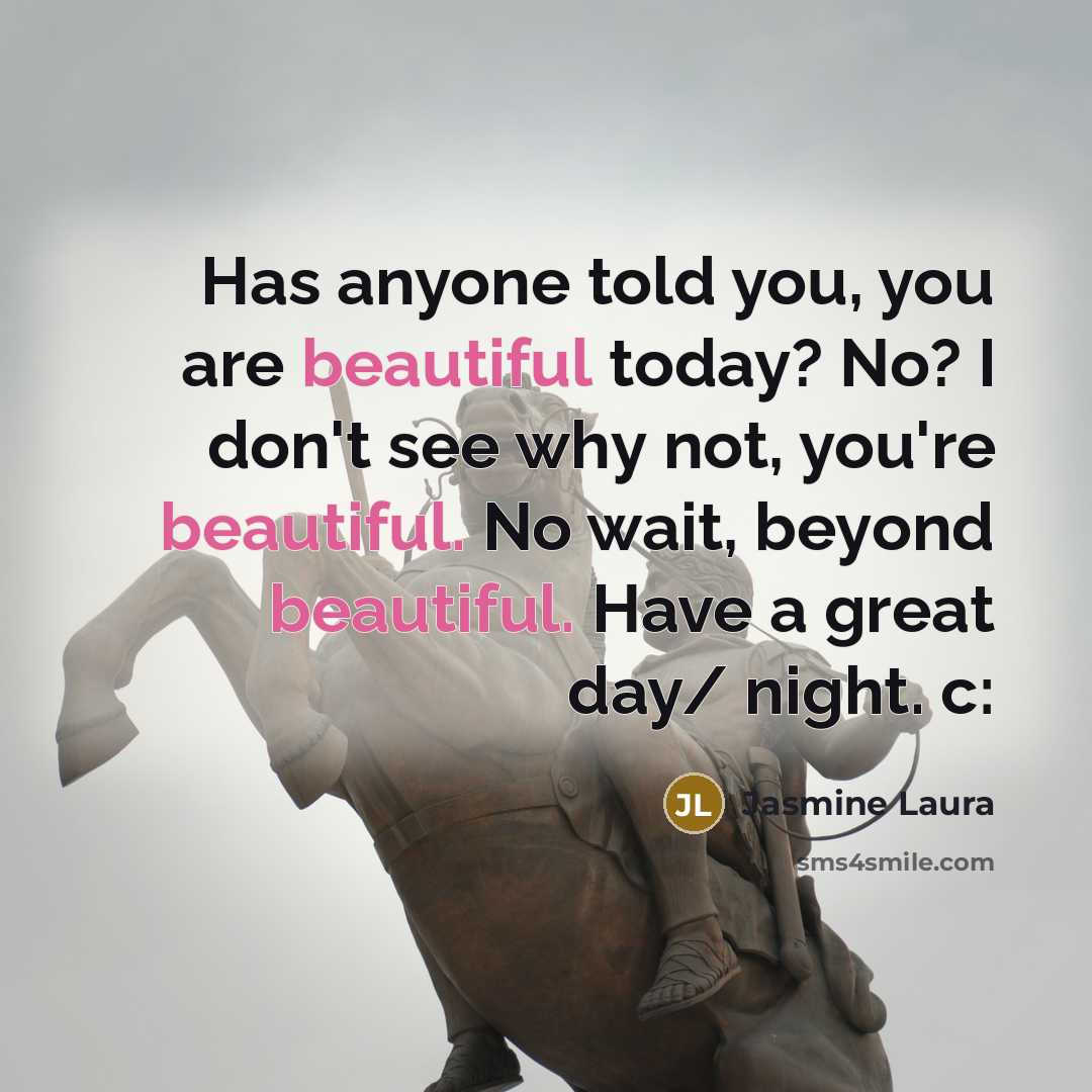 “Has anyone told you, you are beautiful today? No? I don't see why not, you're beautiful. No wait, beyond beautiful. Have a great day/ night. c:” quote by Jasmine Laura