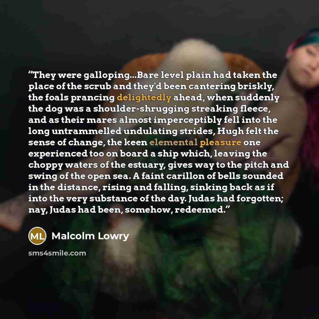 “They were galloping...Bare level plain had taken the place of the scrub and they'd been cantering briskly, the foals prancing delightedly ahead, when suddenly the dog was a shoulder-shrugging streaking fleece, and as their mares almost imperceptibly fell into the long untrammelled undulating…” quote by Malcolm Lowry