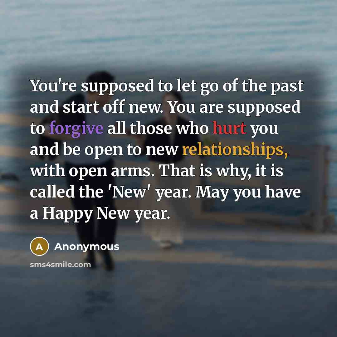 “You're supposed to let go of the past and start off new. You are supposed to forgive all those who hurt you and be open to new relationships, with open arms. That is why, it is called the 'New' year. May you have a Happy New year.” quote by Anonymous