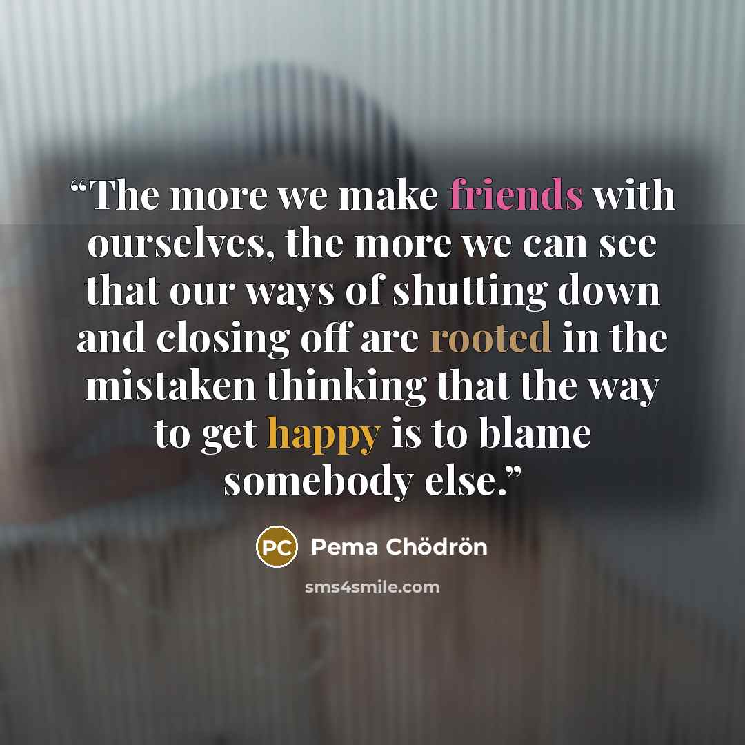 “The more we make friends with ourselves, the more we can see that our ways of shutting down and closing off are rooted in the mistaken thinking that the way to get happy is to blame somebody else.” quote by Pema Chödrön