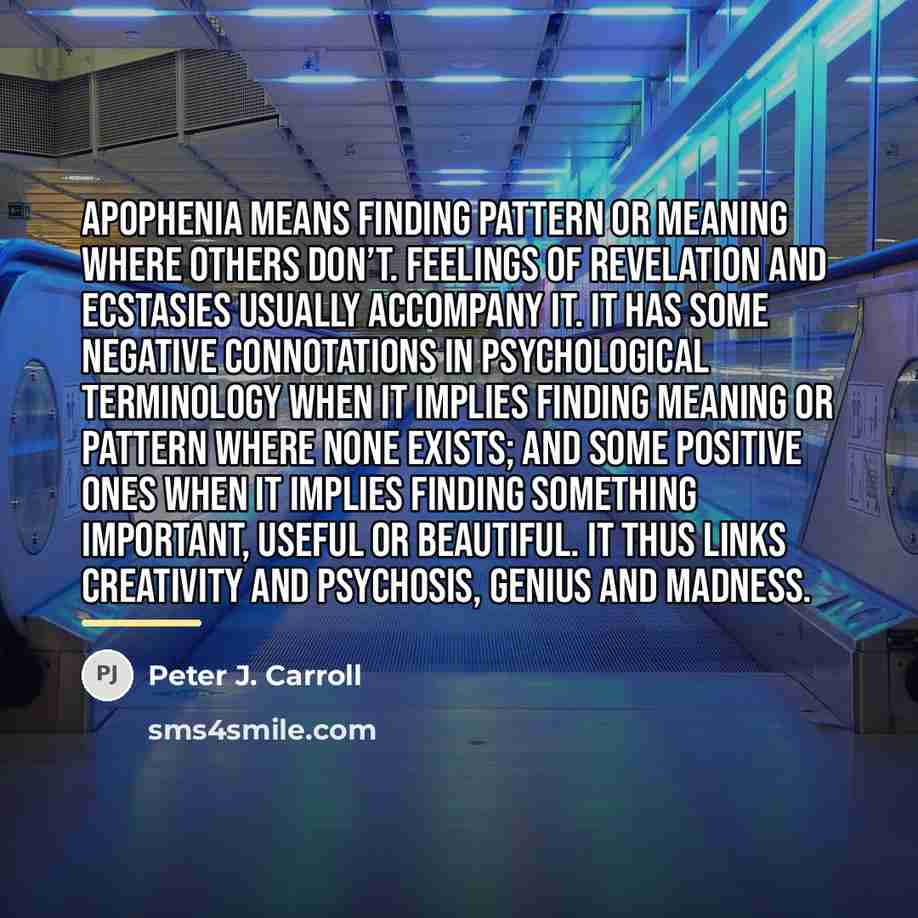 “Apophenia means finding pattern or meaning where others don’t. Feelings…” quote by Peter J. Carroll