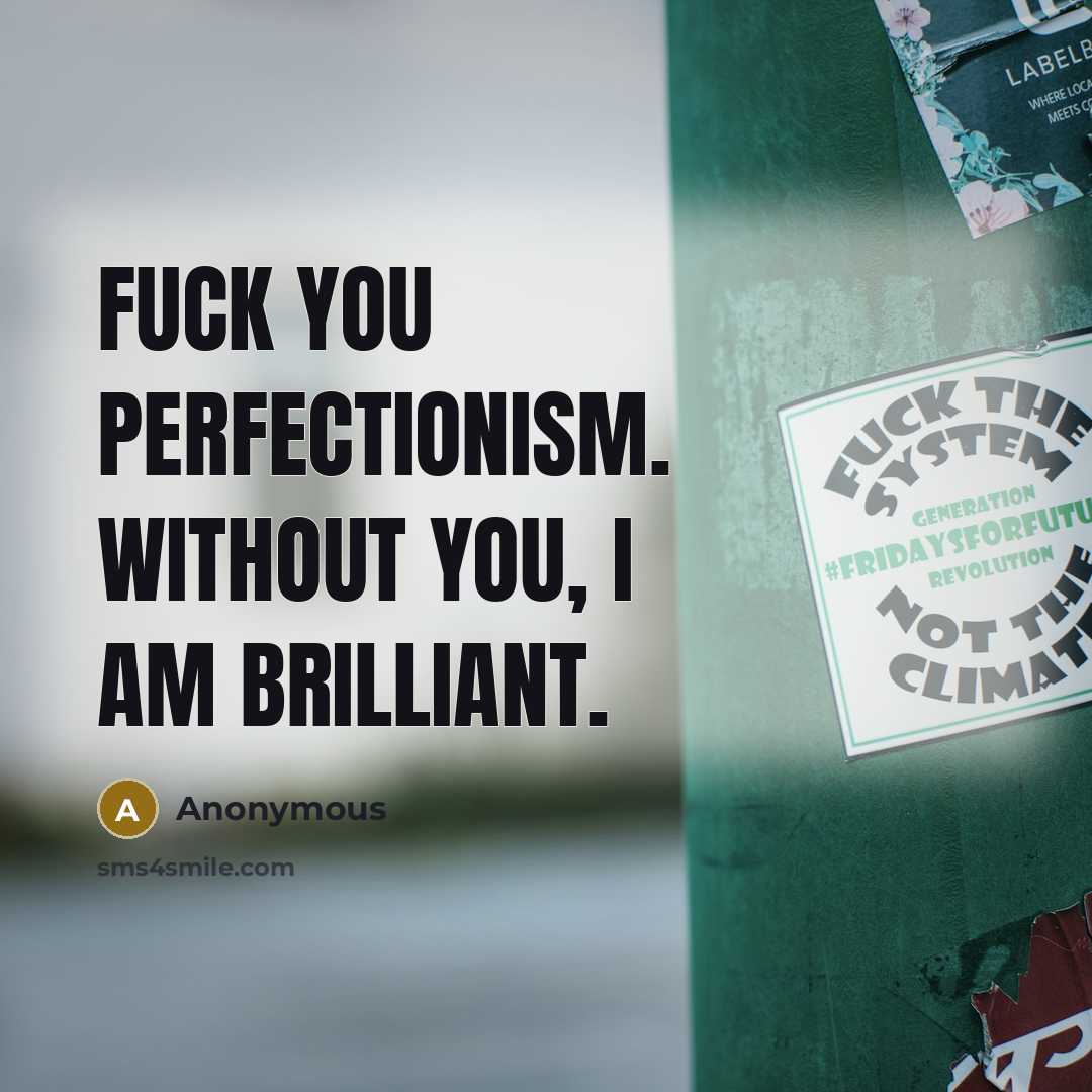 “Fuck you perfectionism. Without you, I am brilliant.” quote by Anonymous
