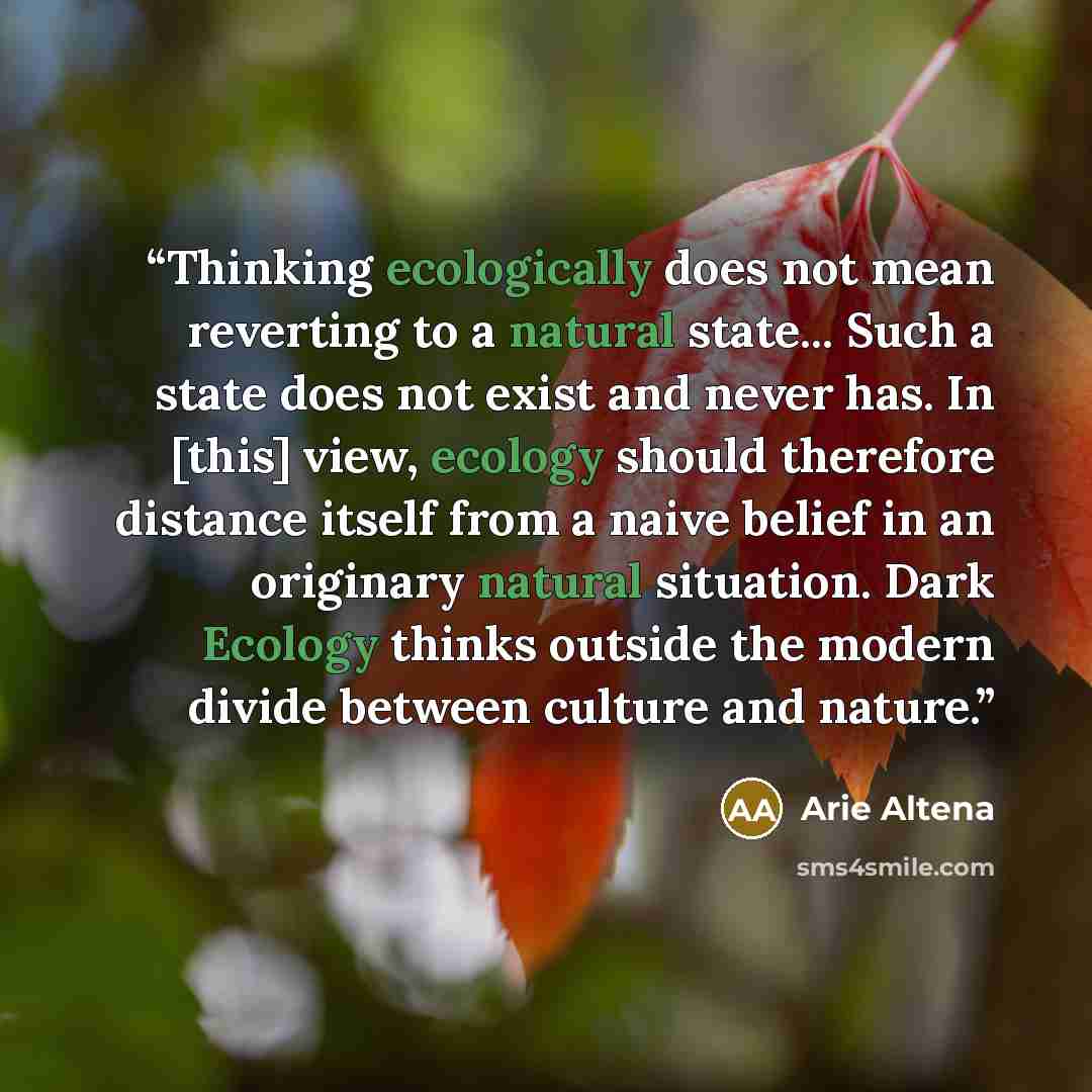 “Thinking ecologically does not mean reverting to a natural state... Such a state does not exist and never has. In [this] view, ecology should therefore distance itself from a naive belief in an originary natural situation. Dark Ecology thinks outside the modern divide between culture and nature.” quote by Arie Altena
