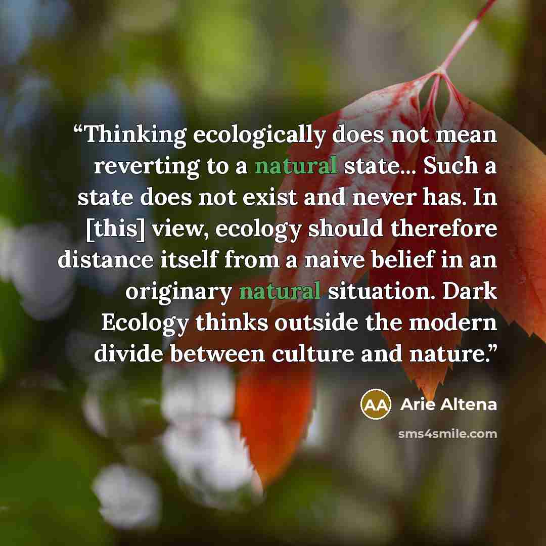 “Thinking ecologically does not mean reverting to a natural state... Such a state does not exist and never has. In [this] view, ecology should therefore distance itself from a naive belief in an originary natural situation. Dark Ecology thinks outside the modern divide between culture and nature.” quote by Arie Altena