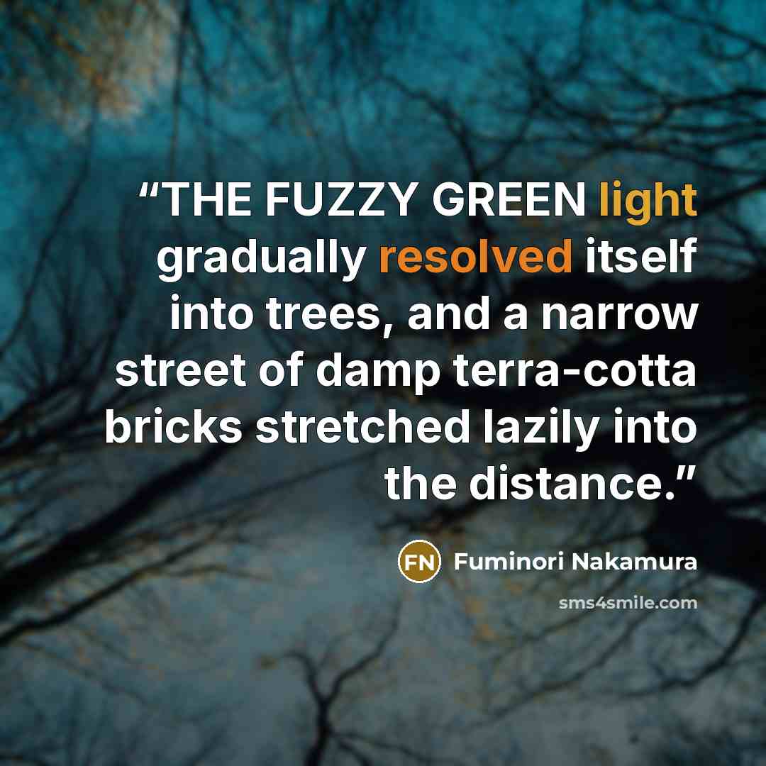 “THE FUZZY GREEN light gradually resolved itself into trees, and a narrow street of damp terra-cotta bricks stretched lazily into the distance.” quote by Fuminori Nakamura
