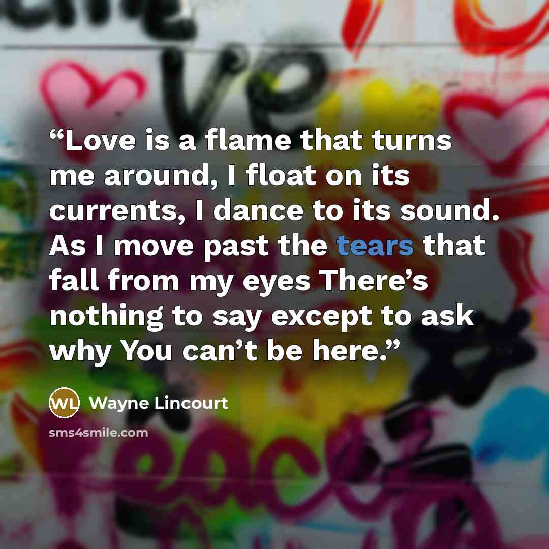 “Love is a flame that turns me around, I float on its currents, I dance to its sound. As I move past the tears that fall from my eyes There’s nothing to say except to ask why You can’t be here.” quote by Wayne Lincourt
