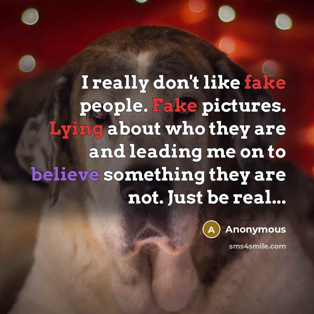 “I really don't like fake people. Fake pictures. Lying about who they are and leading me on to believe something they are not. Just be real...” quote by Anonymous