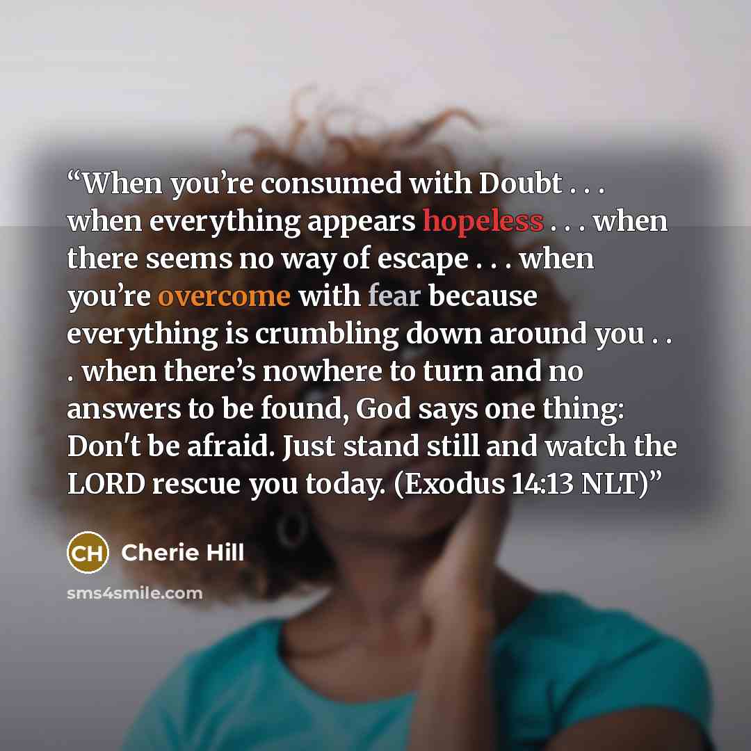 “When you’re consumed with Doubt . . . when everything appears hopeless . . . when there seems no way of escape . . . when you’re overcome with fear because everything is crumbling down around you . . . when there’s nowhere to turn and no answers to be found, God says one thing: Don't be afraid…” quote by Cherie Hill