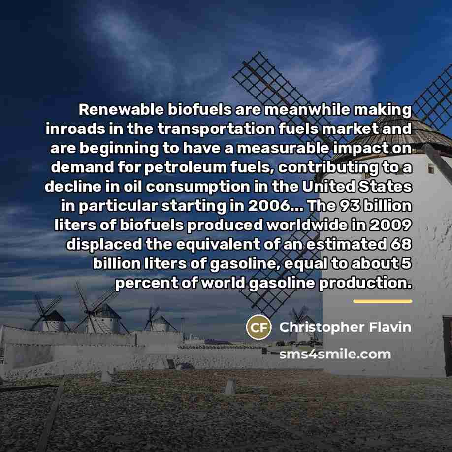 “Renewable biofuels are meanwhile making inroads in the transportation fuels…” quote by Christopher Flavin