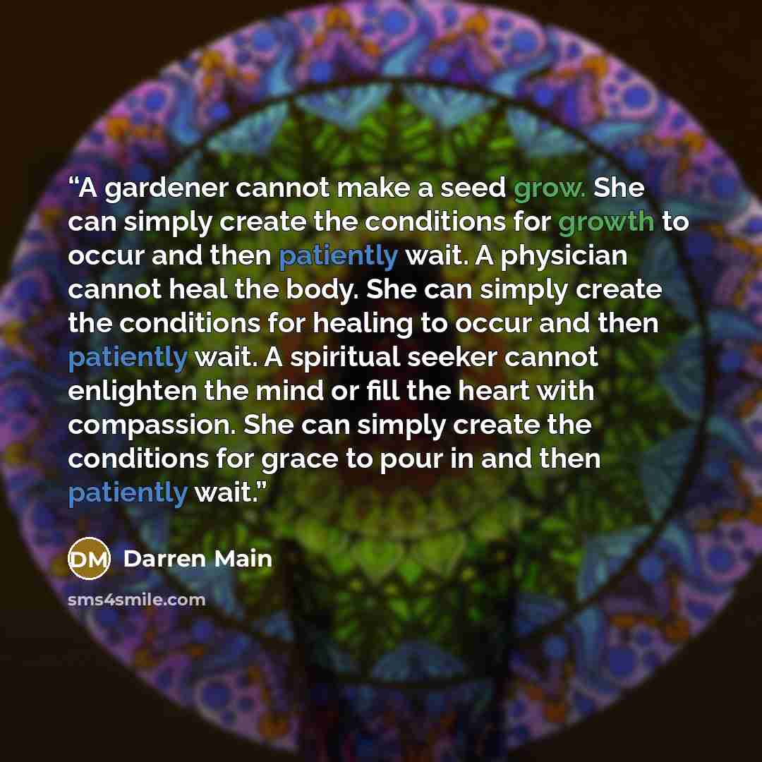 “A gardener cannot make a seed grow. She can simply create the conditions for growth to occur and then patiently wait. A physician cannot heal the body. She can simply create the conditions for healing to occur and then patiently wait. A spiritual seeker cannot enlighten the mind or fill the heart…” quote by Darren Main