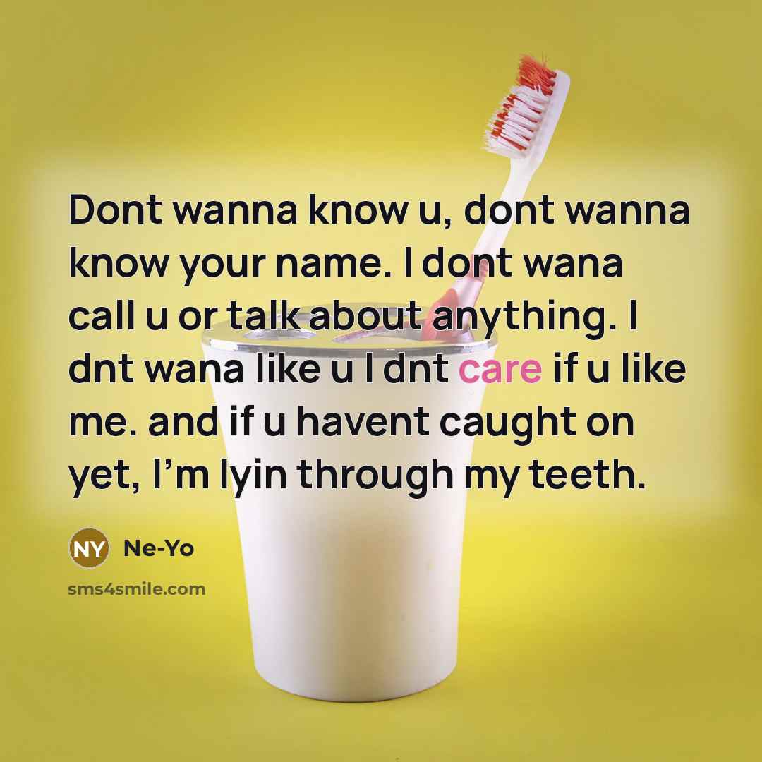 “Dont wanna know u, dont wanna know your name. I dont wana call u or talk about anything. I dnt wana like u I dnt care if u like me. and if u havent caught on yet, I'm lyin through my teeth.” quote by Ne-yo