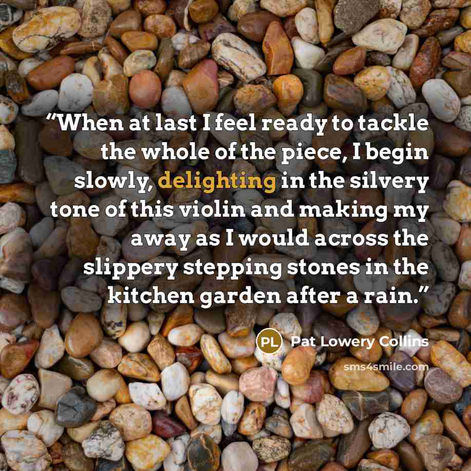 “When at last I feel ready to tackle the whole of the piece, I begin slowly, delighting in the silvery tone of this violin and making my away as I would across the slippery stepping stones in the kitchen garden after a rain.” quote by Pat Lowery Collins