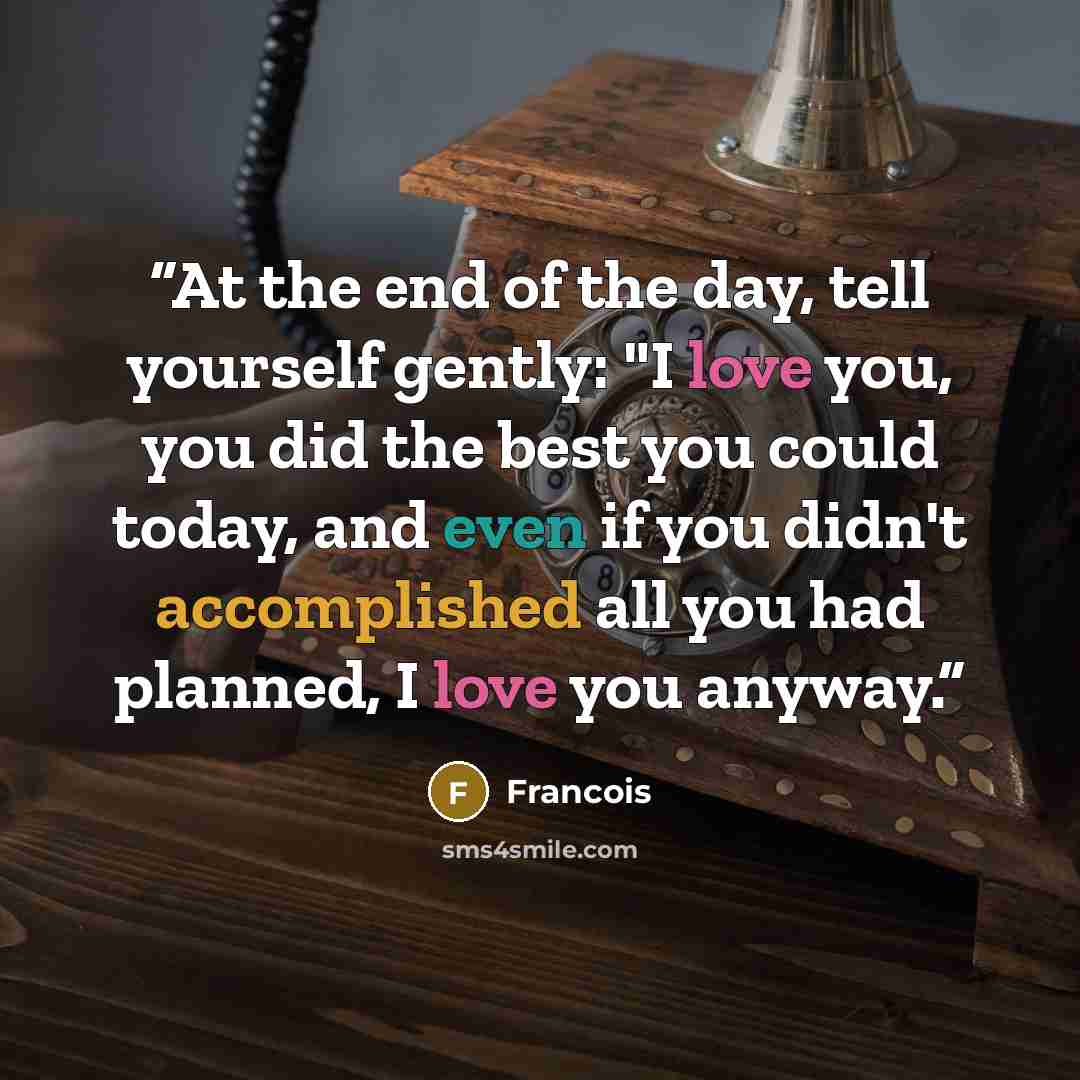 “At the end of the day, tell yourself gently: "I love you, you did the best you could today, and even if you didn't accomplished all you had planned, I love you anyway.” quote by Francois