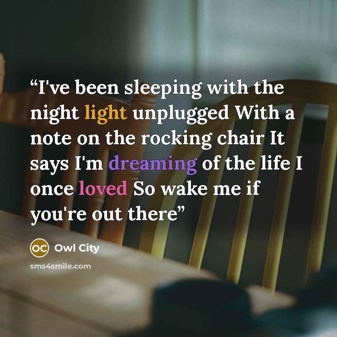“I've been sleeping with the night light unplugged With a note on the rocking chair It says I'm dreaming of the life I once loved So wake me if you're out there” quote by Owl City