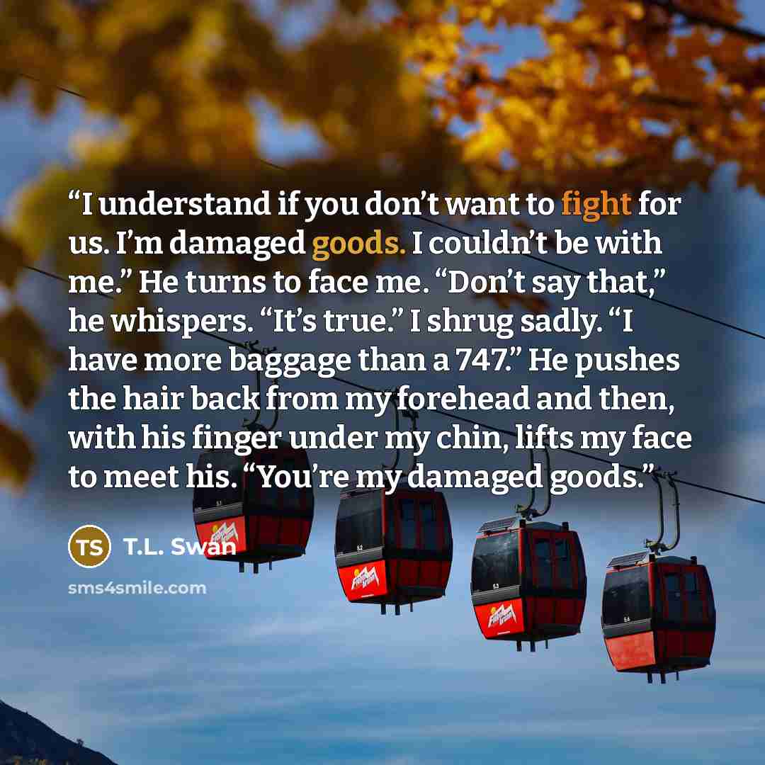 “I understand if you don’t want to fight for us. I’m damaged goods. I couldn’t be with me.” He turns to face me. “Don’t say that,” he whispers. “It’s true.” I shrug sadly. “I have more baggage than a 747.” He pushes the hair back from my forehead and then, with his finger under my chin, lifts my…” quote by T.L. Swan