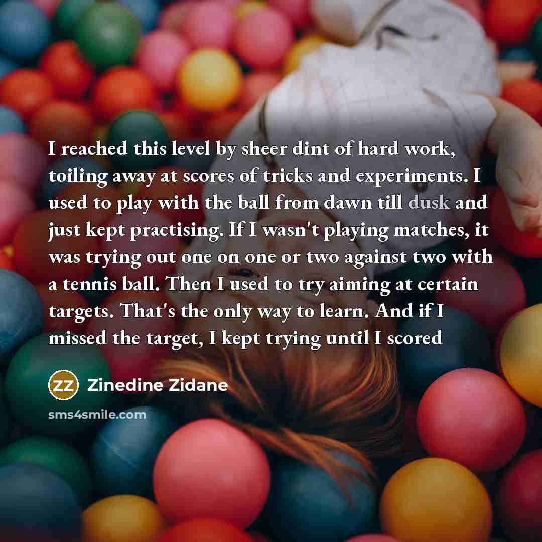“I reached this level by sheer dint of hard work, toiling away at scores of tricks and experiments. I used to play with the ball from dawn till dusk and just kept practising. If I wasn't playing matches, it was trying out one on one or two against two with a tennis ball. Then I used to try aiming…” quote by Zinedine Zidane