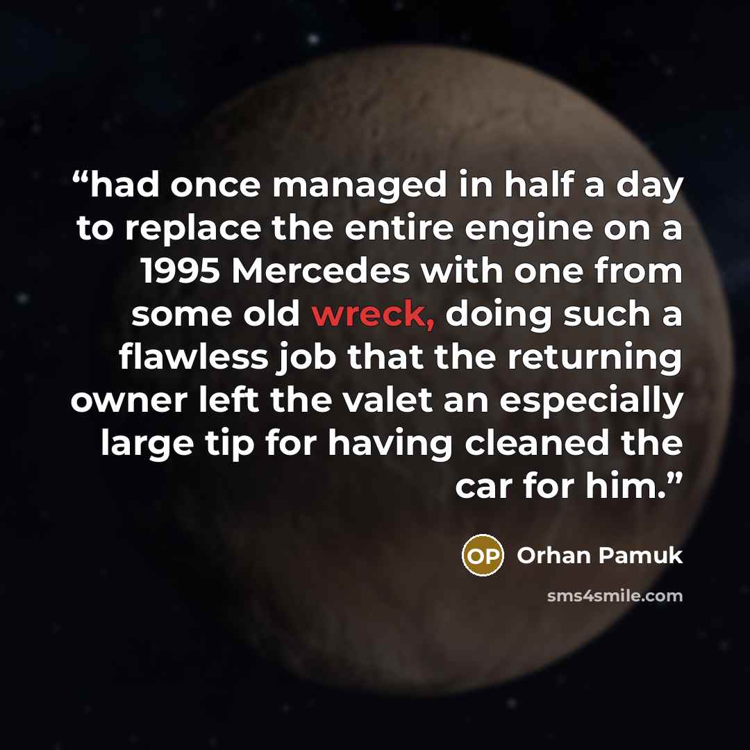 “had once managed in half a day to replace the entire engine on a 1995 Mercedes with one from some old wreck, doing such a flawless job that the returning owner left the valet an especially large tip for having cleaned the car for him.” quote by Orhan Pamuk