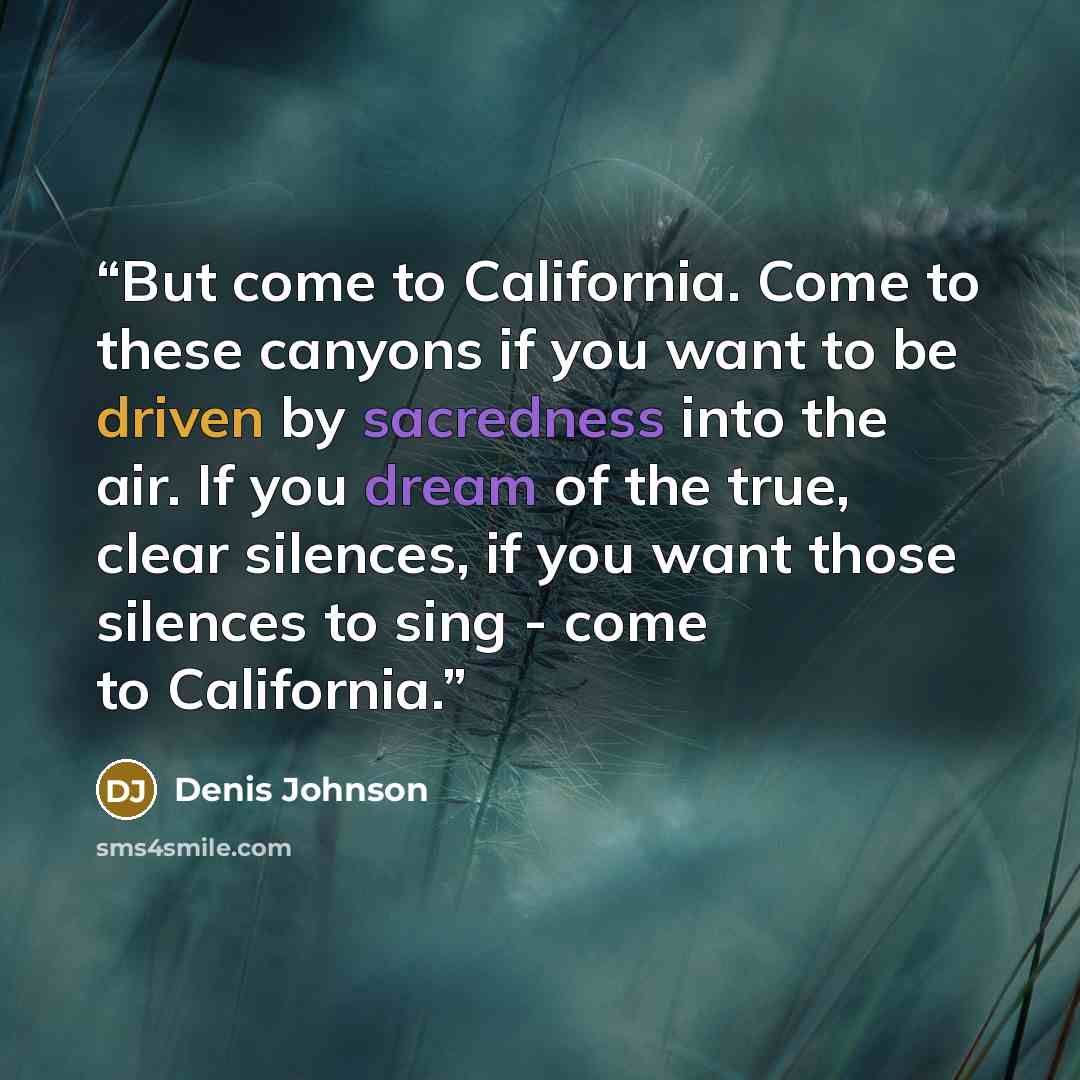 “But come to California. Come to these canyons if you want to be driven by sacredness into the air. If you dream of the true, clear silences, if you want those silences to sing - come to California.” quote by Denis Johnson