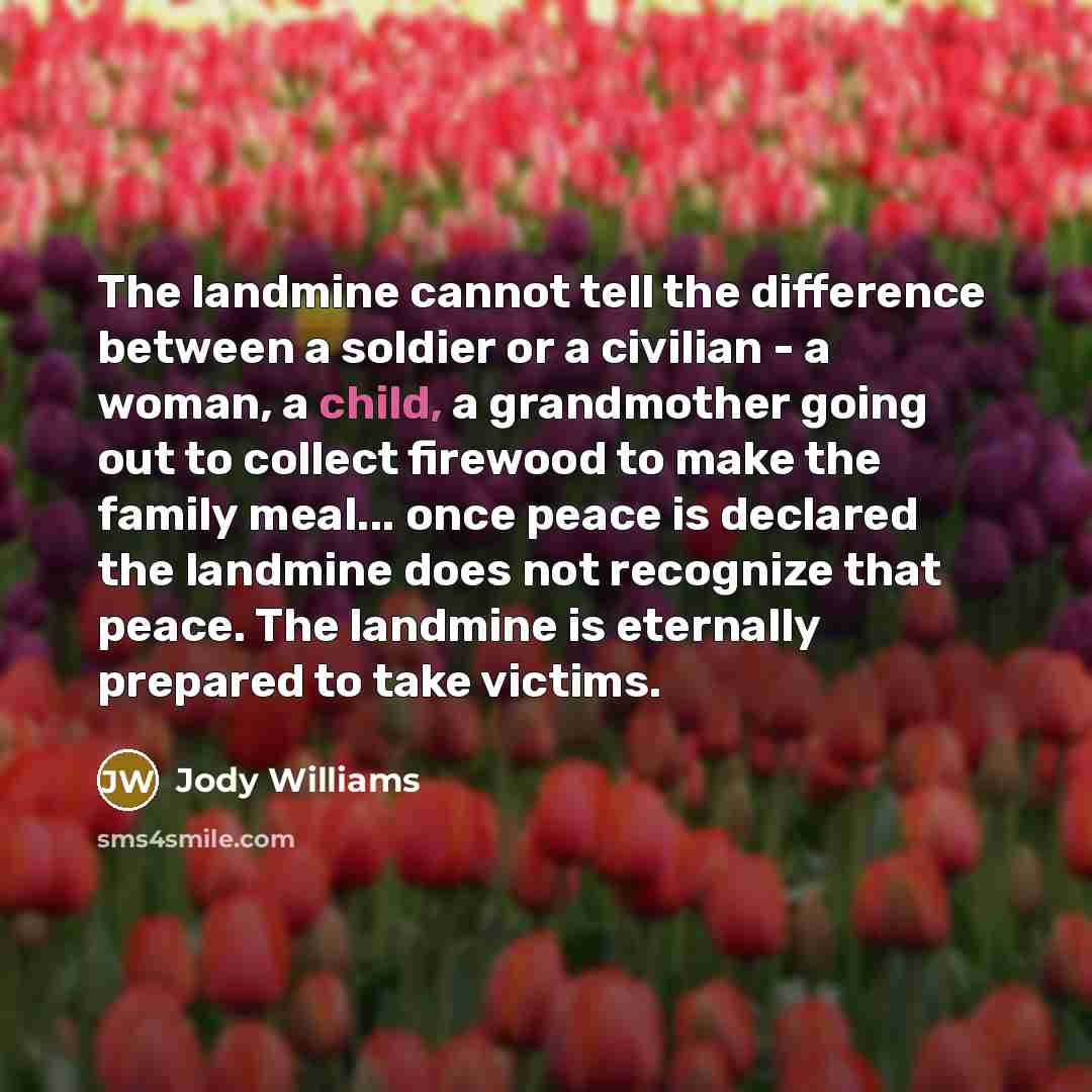 “The landmine cannot tell the difference between a soldier or…” quote by Jody Williams