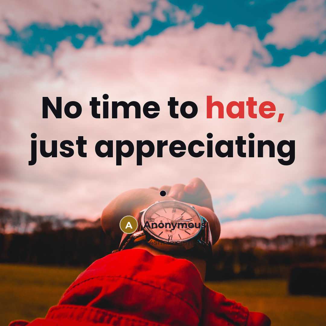 “No time to hate, just appreciating .” quote by Anonymous