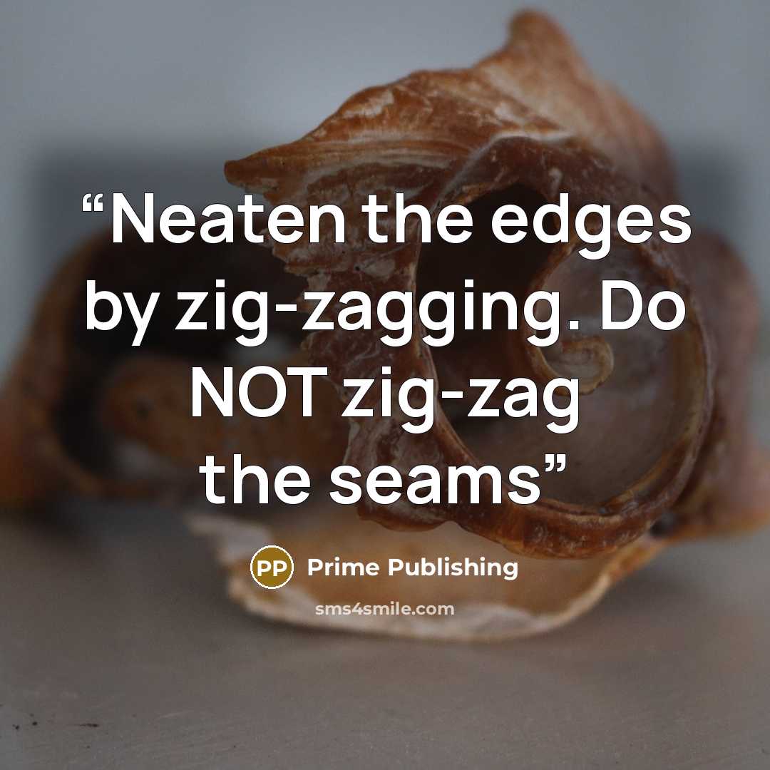 “Neaten the edges by zig-zagging. Do NOT zig-zag the seams” quote by Prime Publishing