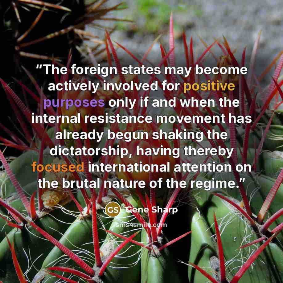 “The foreign states may become actively involved for positive purposes only if and when the internal resistance movement has already begun shaking the dictatorship, having thereby focused international attention on the brutal nature of the regime.” quote by Gene Sharp