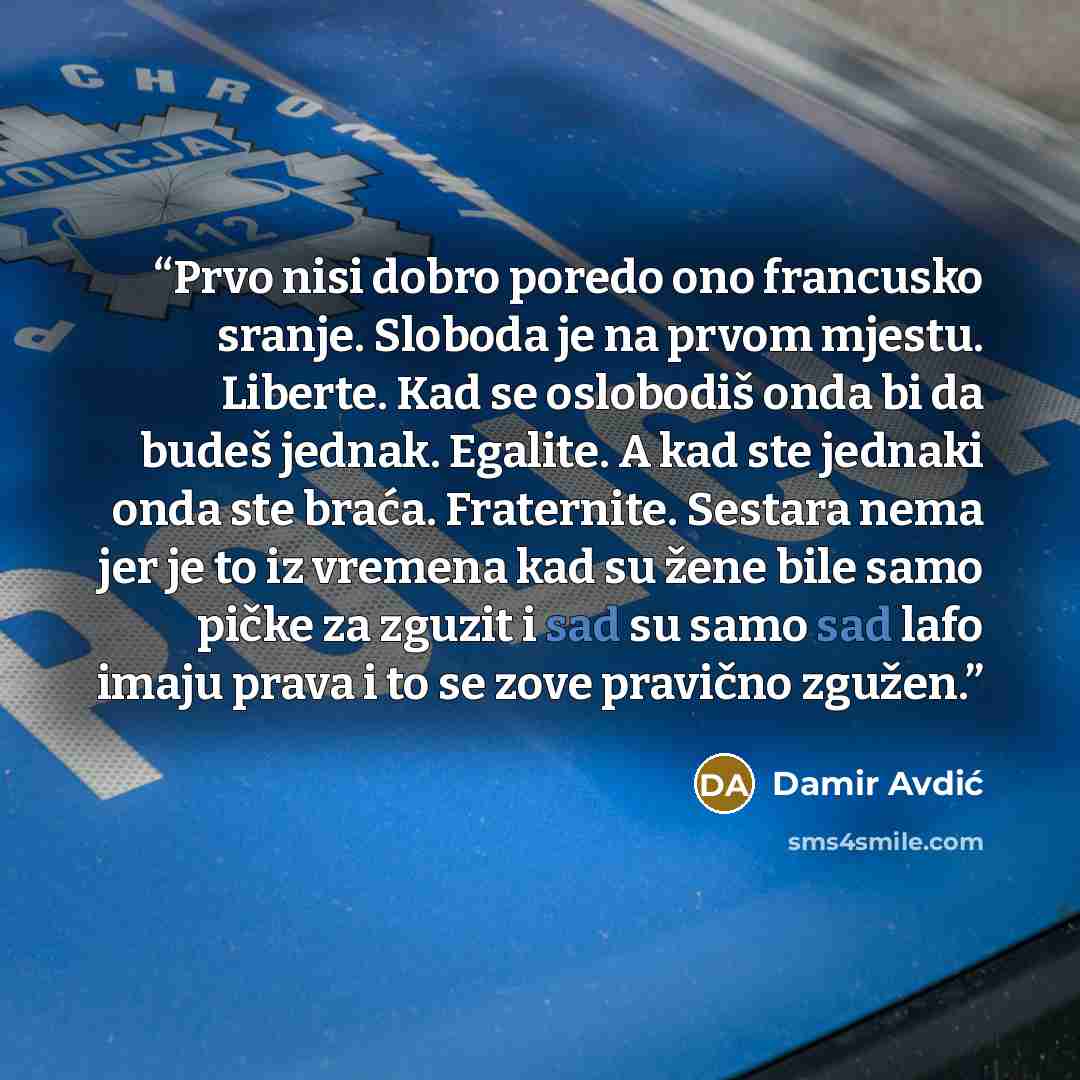 “Prvo nisi dobro poredo ono francusko sranje. Sloboda je na prvom mjestu. Liberte. Kad se oslobodiš onda bi da budeš jednak. Egalite. A kad ste jednaki onda ste braća. Fraternite. Sestara nema jer je to iz vremena kad su žene bile samo pičke za zguzit i sad su samo sad lafo imaju prava i to se zove…” quote by Damir Avdić