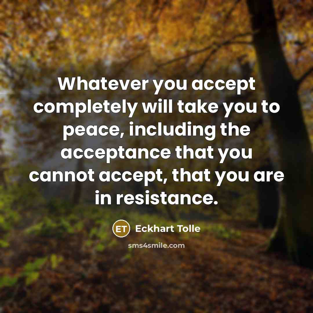 “Whatever you accept completely will take you to peace, including the acceptance that you cannot accept, that you are in resistance.” quote by Eckhart Tolle
