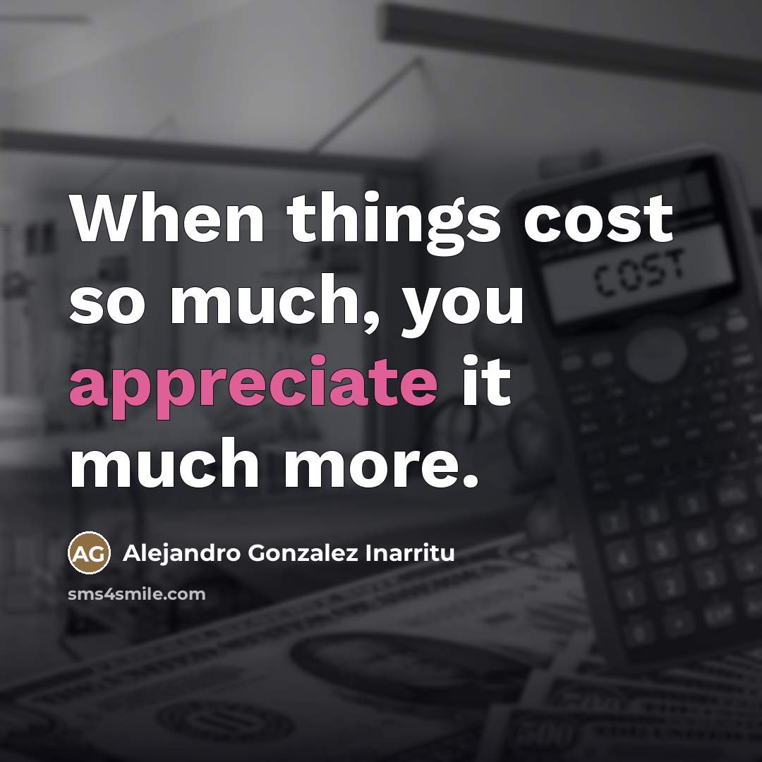 “When things cost so much, you appreciate it much more.…” quote by Alejandro Gonzalez Inarritu