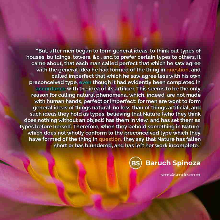“But, after men began to form general ideas, to think out types of houses, buildings, towers, &c., and to prefer certain types to others, it came about, that each man called perfect that which he saw agree with the general idea he had formed of the thing in question, and called imperfect that which…” quote by Baruch Spinoza
