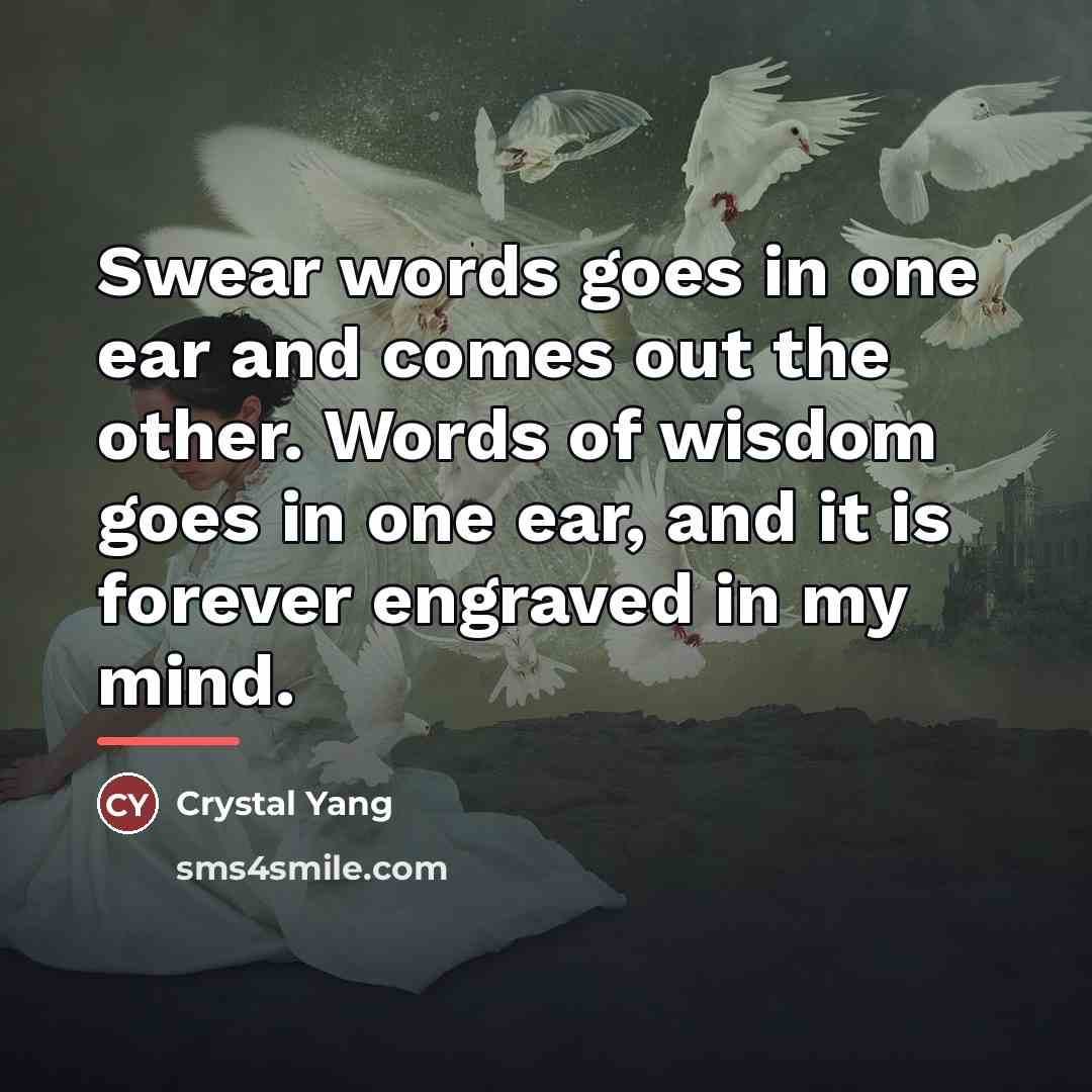“Swear words goes in one ear and comes out the…” quote by Crystal Yang