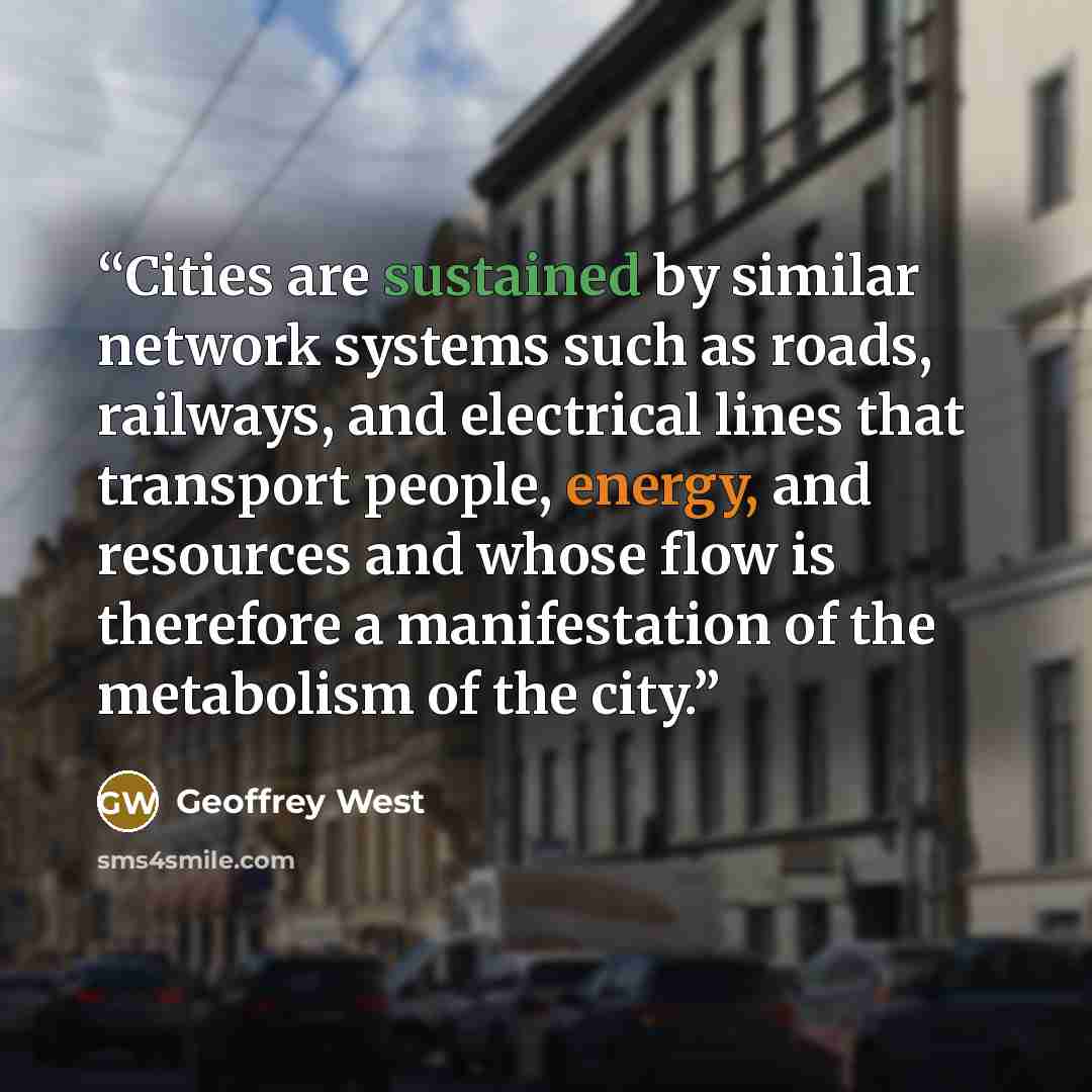“Cities are sustained by similar network systems such as roads, railways, and electrical lines that transport people, energy, and resources and whose flow is therefore a manifestation of the metabolism of the city.” quote by Geoffrey West