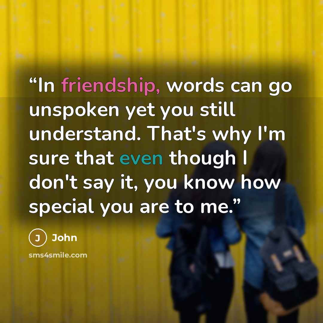 “In friendship, words can go unspoken yet you still understand. That's why I'm sure that even though I don't say it, you know how special you are to me.” quote by John