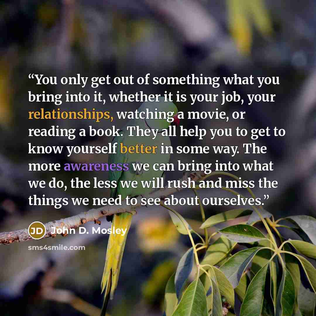 “You only get out of something what you bring into it, whether it is your job, your relationships, watching a movie, or reading a book. They all help you to get to know yourself better in some way. The more awareness we can bring into what we do, the less we will rush and miss the things we need to…” quote by John D. Mosley