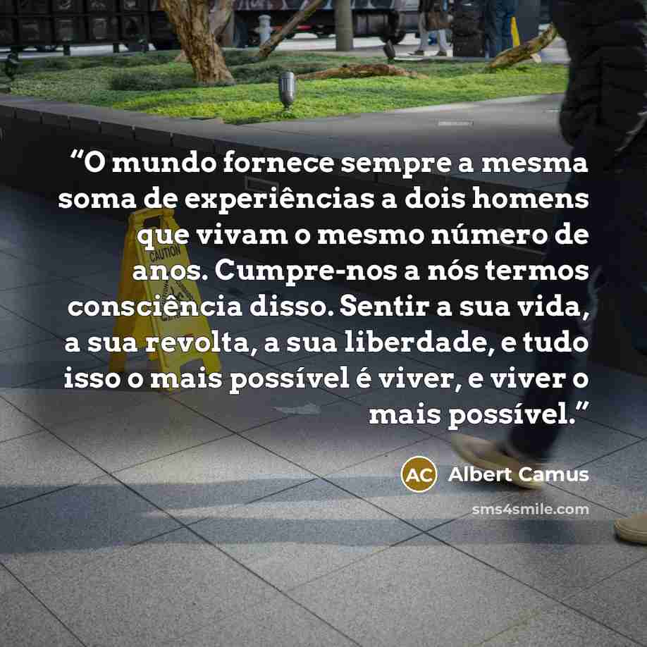 “O mundo fornece sempre a mesma soma de experiências a dois homens que vivam o mesmo número de anos. Cumpre-nos a nós termos consciência disso. Sentir a sua vida, a sua revolta, a sua liberdade, e tudo isso o mais possível é viver, e viver o mais possível.” quote by Albert Camus