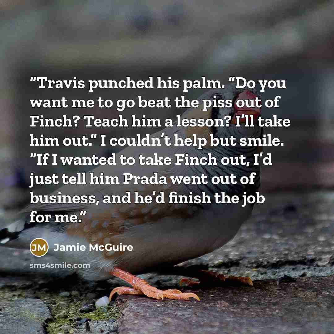 “Travis punched his palm. “Do you want me to go beat the piss out of Finch? Teach him a lesson? I’ll take him out.” I couldn’t help but smile. “If I wanted to take Finch out, I’d just tell him Prada went out of business, and he’d finish the job for me.” quote by Jamie McGuire